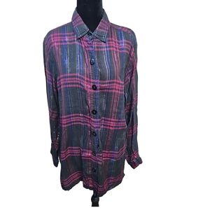 Vintage Casey & Max Shimmer Plaid Button Up Tunic Rayon Blend Blouse Sz M
